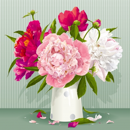 Luxurious pink, red and white peony bouquet with leaves and buds in the porcelain vaseのイラスト素材