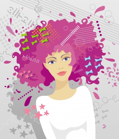Portrait of young fashionable girl with an unusual hairstyle on grey backgroundのイラスト素材