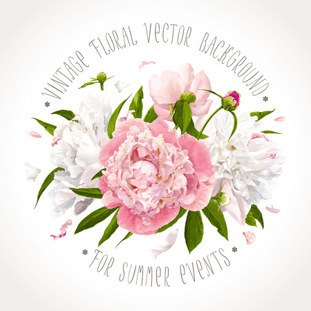 Luxurious pink, white peony flowers and leaves composition for weddings, Valentine's Day, sales and other eventsのイラスト素材