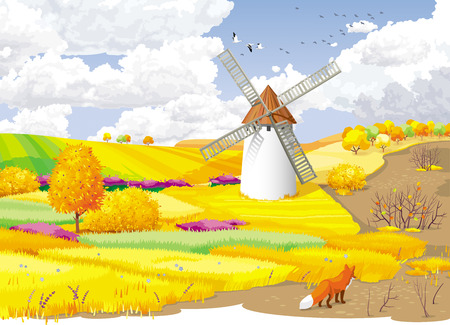 Autumn rural landscape with fields and windmill.のイラスト素材