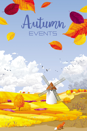Autumn rural landscape vector banner with foliage, fields and windmill for Harvest Festivals and fairs, sales and other autumn events, for prints, greeting cards, posters, invitations.のイラスト素材