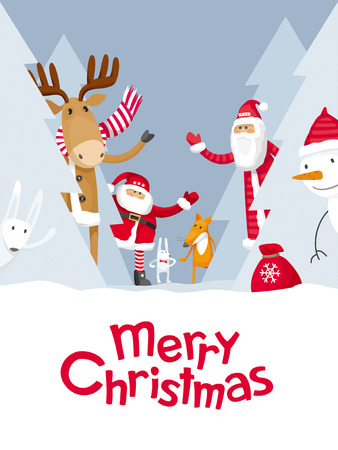 Vector Christmas greeting card. Santa Claus and cute cartoon forest animals: elk, deer, fox and hares wish you a Merry Christmas. For posters, banners, sales and other winter events.のイラスト素材