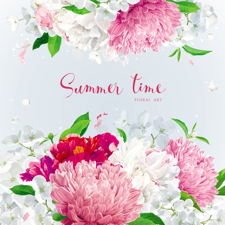 Summer vintage floral background with blooming Chrysanthemums, Asters, Hydrangeas, Peonies and Apple blossom and other garden flowers.のイラスト素材