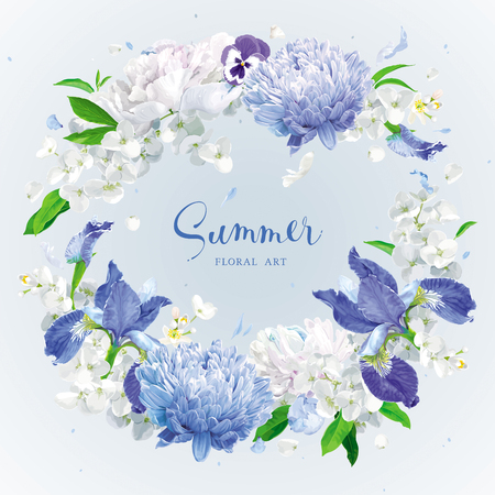 Summer vintage floral round composition with blooming Chrysanthemums, blue Irises, Asters, Hydrangeas, Peonies and Apple blossom. Vector illustration.のイラスト素材