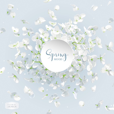 Floral vector art - luxurious white Hydrangea flower and Apple blossom composition with flying petals. Template for 8 March, wedding, Valentine's Day,  Mother's Day, sales and other seasonal events.のイラスト素材