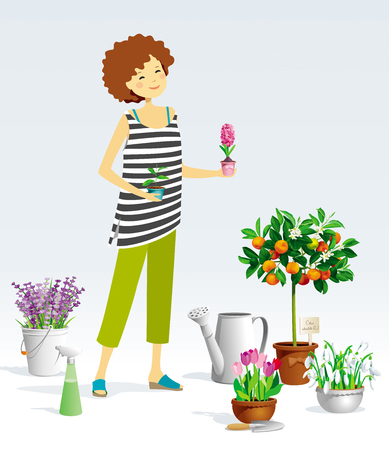 Gardener girl and a collection of the pot plants, citrus trees, flowers, garden toolsのイラスト素材