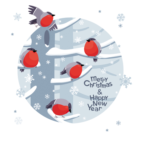 Funny red Bullfinches. Vector Christmas image. Cute winter birds for Christmas decoration, posters, banners, sales and other winter eventsのイラスト素材