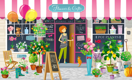 Showcase of the Flower Shop with flower girl and a collection of the flowers, pot plants, citrus trees, garden tools. Vector drawingのイラスト素材