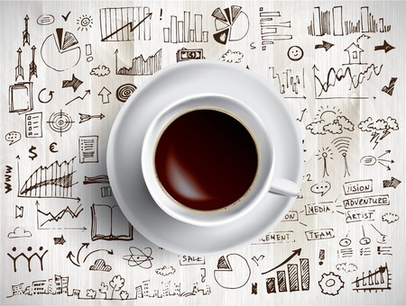 Vector business illustration - coffee cup with colored doodles about business ideasのイラスト素材