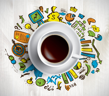 Vector business illustration - coffee cup with colored doodles about business ideasのイラスト素材