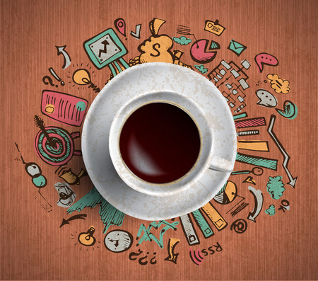 Vector business illustration - coffee cup with colored doodles about business ideasのイラスト素材