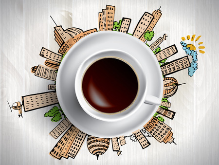 Vector business illustration - coffee cup with colored doodles about business ideasのイラスト素材