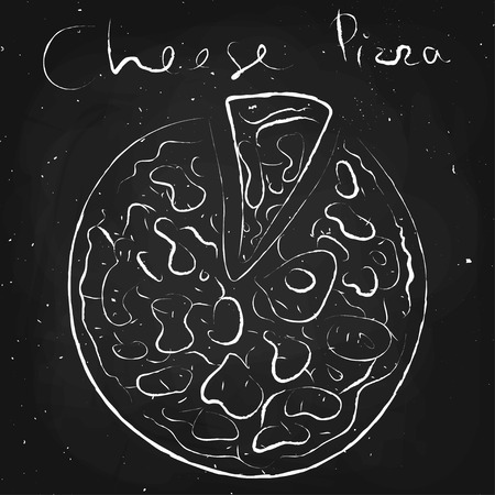 Cheese pizza, drawn in chalk on a blackboard, vector illustrationのイラスト素材