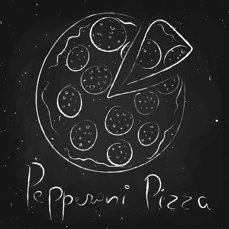 Pepperoni pizza, drawn in chalk on a blackboard, vector illustrationのイラスト素材