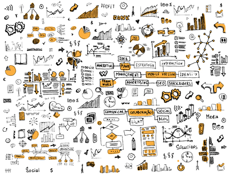 Social network doodles illustration on dirty retro backgroundのイラスト素材