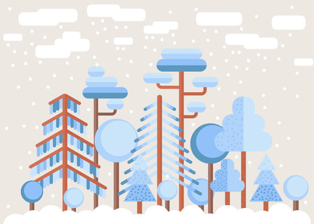 Winter Forest Flat Illustration in light blue and broun colorsのイラスト素材