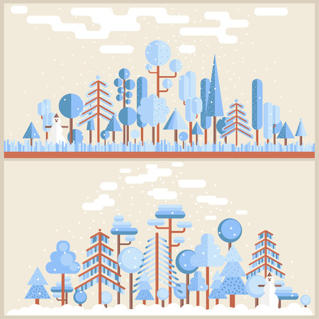 Winter Forest Flat Illustration in light blue and broun colorsのイラスト素材