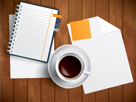 Coffee, notebook and paper on wooden table, vector illustrationのイラスト素材