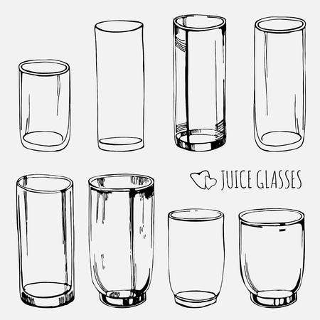 Set of empty juice and water glasses, skethed objectsのイラスト素材
