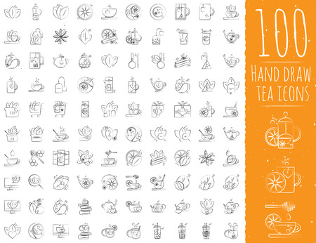 Tea line icon set - cup, bag, kettle with spices and lemons, hand draw styleのイラスト素材