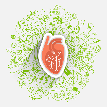 Human heart concept about healthy lifestyle and longevity with sketched elementsのイラスト素材