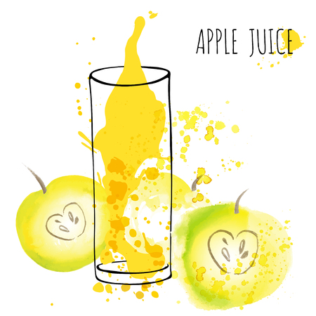 Apple juice splash vector watercolor illustration. Apple with splash and glass isolated on white background. Apple drink flow with fruits and fresh splashes.のイラスト素材