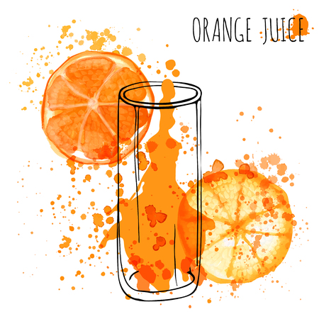 Orange Juice Splash, vector hand draw watercolor illustration. Orange Juice in sketched glass with splashesのイラスト素材