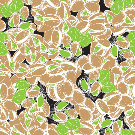 Pistachio hand draw seamless background. Pistachio pattern on black back.のイラスト素材