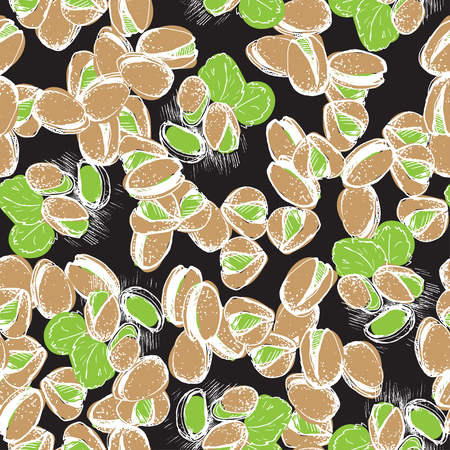 Pistachio hand draw seamless background. Pistachio pattern on black back.のイラスト素材