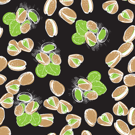 Pistachio hand draw seamless background. Pistachio pattern on black back.のイラスト素材