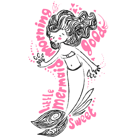Little maimaid illustration. Card with morning lettering and vector hand draw cute mermaid, chalk doodle on white backgroundの写真素材
