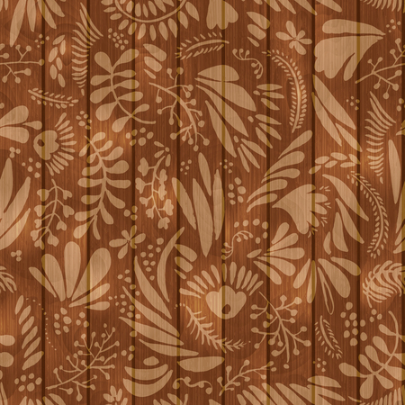 Floral and flower vector seamless pattern on wooden background. Light white flowers and leaves on brown woodのイラスト素材