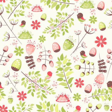 Spring fresh seamless pattern with birds, leaves, flowersのイラスト素材