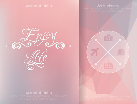 Triangle and blured abstract background and lettering Enjoy your life. Vector geometrical pink and gray patternのイラスト素材