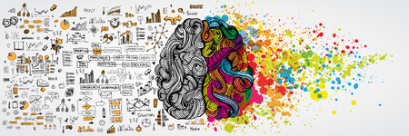 Left and right human brain with social infographic on logical side. Creative half and logic half of human mind. Vector illustration aboud social communication and business workのイラスト素材