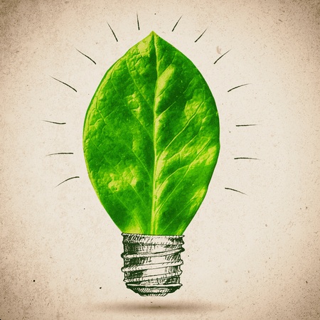 Green bulb  illustration. Leaf with sketched lampの写真素材