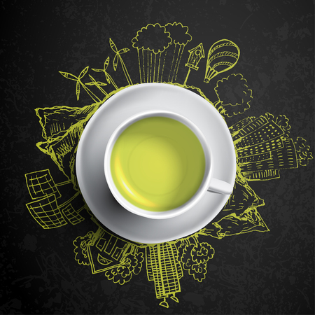 Green tea with ecology doodles. Sketched eco elements with cup of green tea. Textured backgroundのイラスト素材