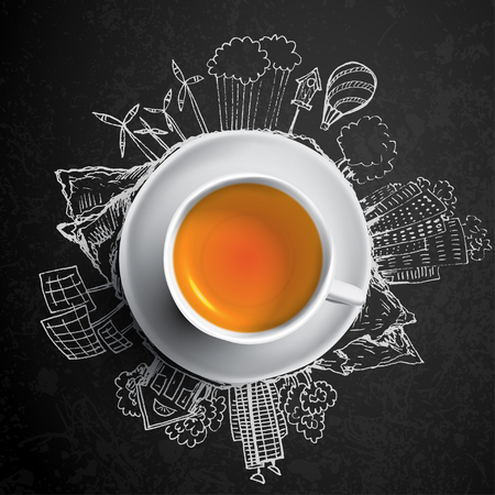 Black tea with ecology doodles. Sketched eco elements with cup of green tea. Textured backgroundのイラスト素材