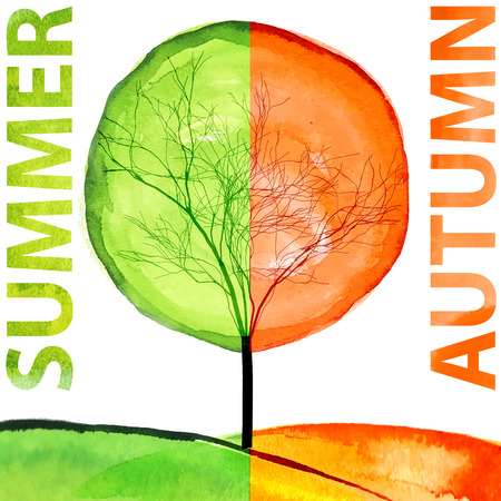 Summer and autumn watercolor concept. Seasonal trees art vector illustrationのイラスト素材