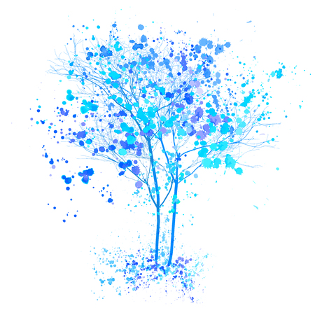 Winter watercolor tree. Blue trees with splashes and ink sketched illustration. Winter tree conceptのイラスト素材