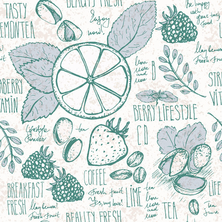 Sketched breakfast seamless background with croissant, lemon and berriesのイラスト素材