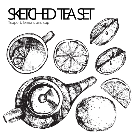 Tea hand draw set - teapot, cup and spoon with lemons, limes. Isolated collection on white backgroundのイラスト素材