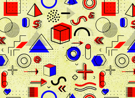 Geometric memphis pattern for fashion and wallpaper. Universal colorful decorative geometrical forms on dirty old backgroundの写真素材