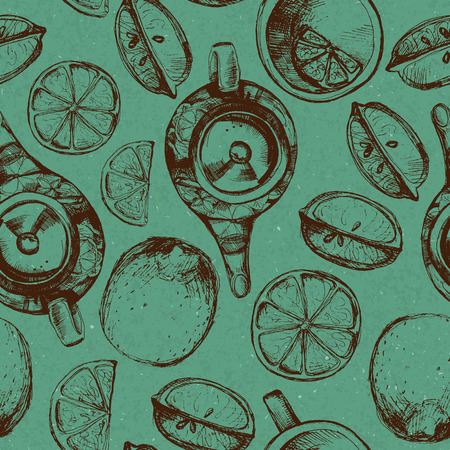 Tea hand draw seamless pattern with teapot, lemons and cup. Sketched textured background.のイラスト素材