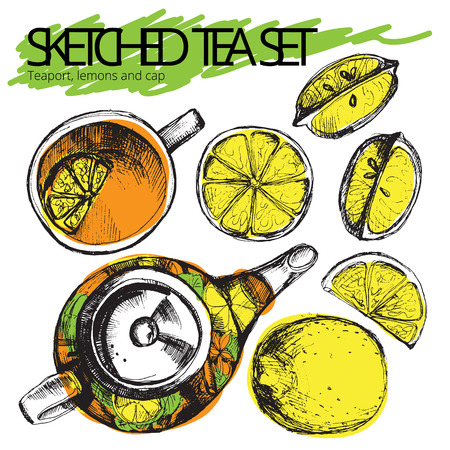Tea hand draw set - teapot, cup and spoon with lemons, limes. Isolated collection on white backgroundのイラスト素材