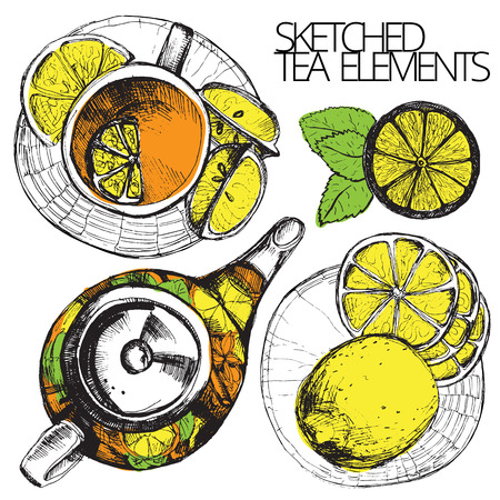 Tea hand draw set - teapot, cup and spoon with lemons, limes. Isolated collection on white backgroundのイラスト素材