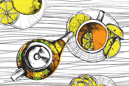 Tea hand draw set - teapot, cup and spoon with lemons, limes. Isolated collection on white backgroundのイラスト素材