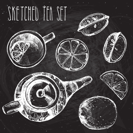 Tea hand draw set - teapot, cup and spoon with lemons, limes. Isolated collection on white backgroundのイラスト素材