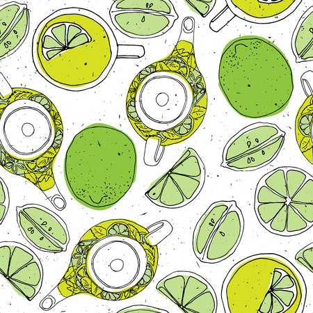 Tea hand draw seamless pattern with teapot, lemons and cup. Sketched textured background.のイラスト素材