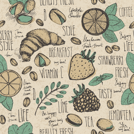 Sketched breakfast seamless background with croissant, lemon and berriesのイラスト素材